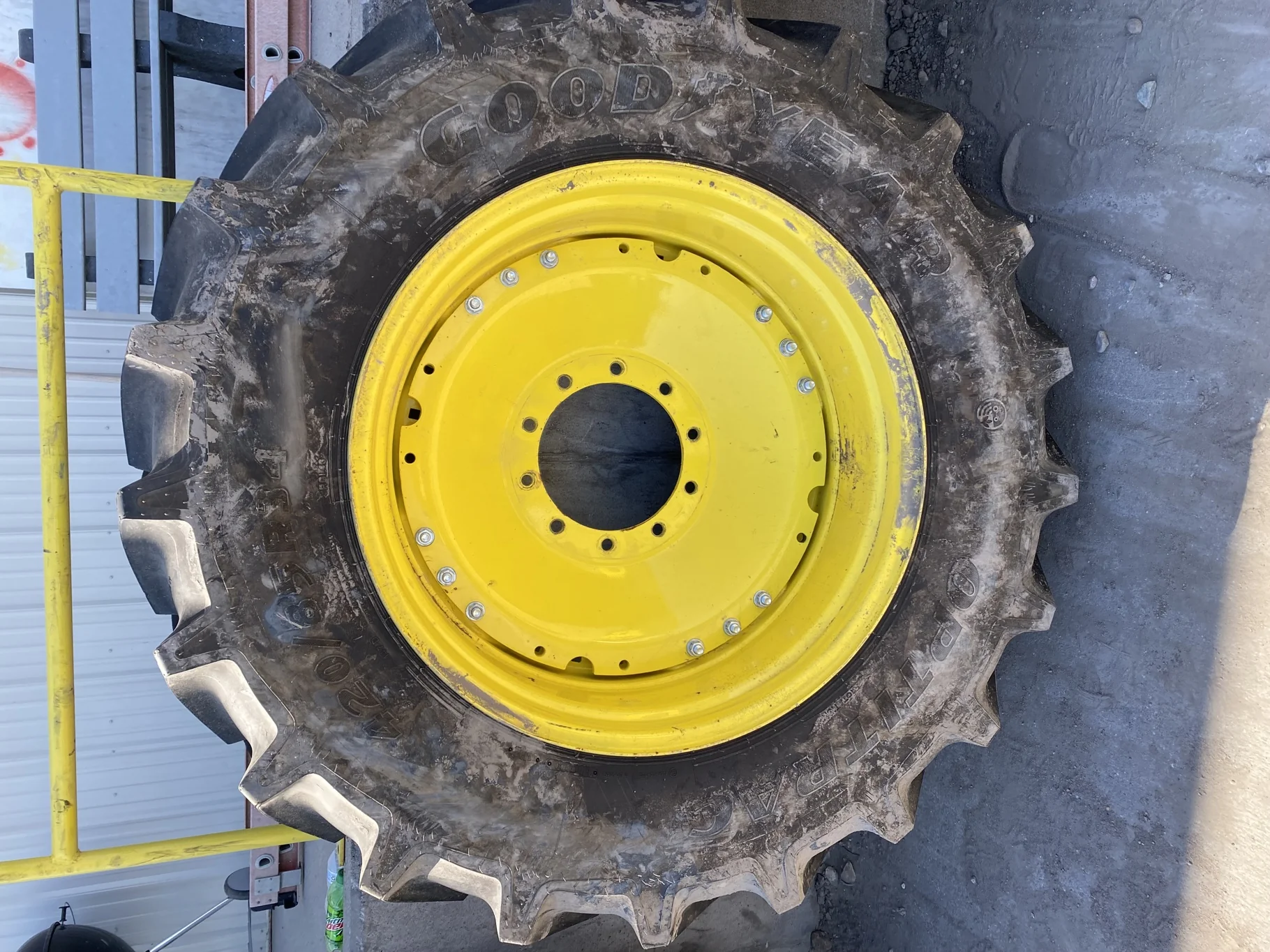 Used 420/85R34 147D Goodyear Optitrac R-1W TL 98% On 15 x 34 3 Bolt JD Yellow Waffle Wheel image 2
