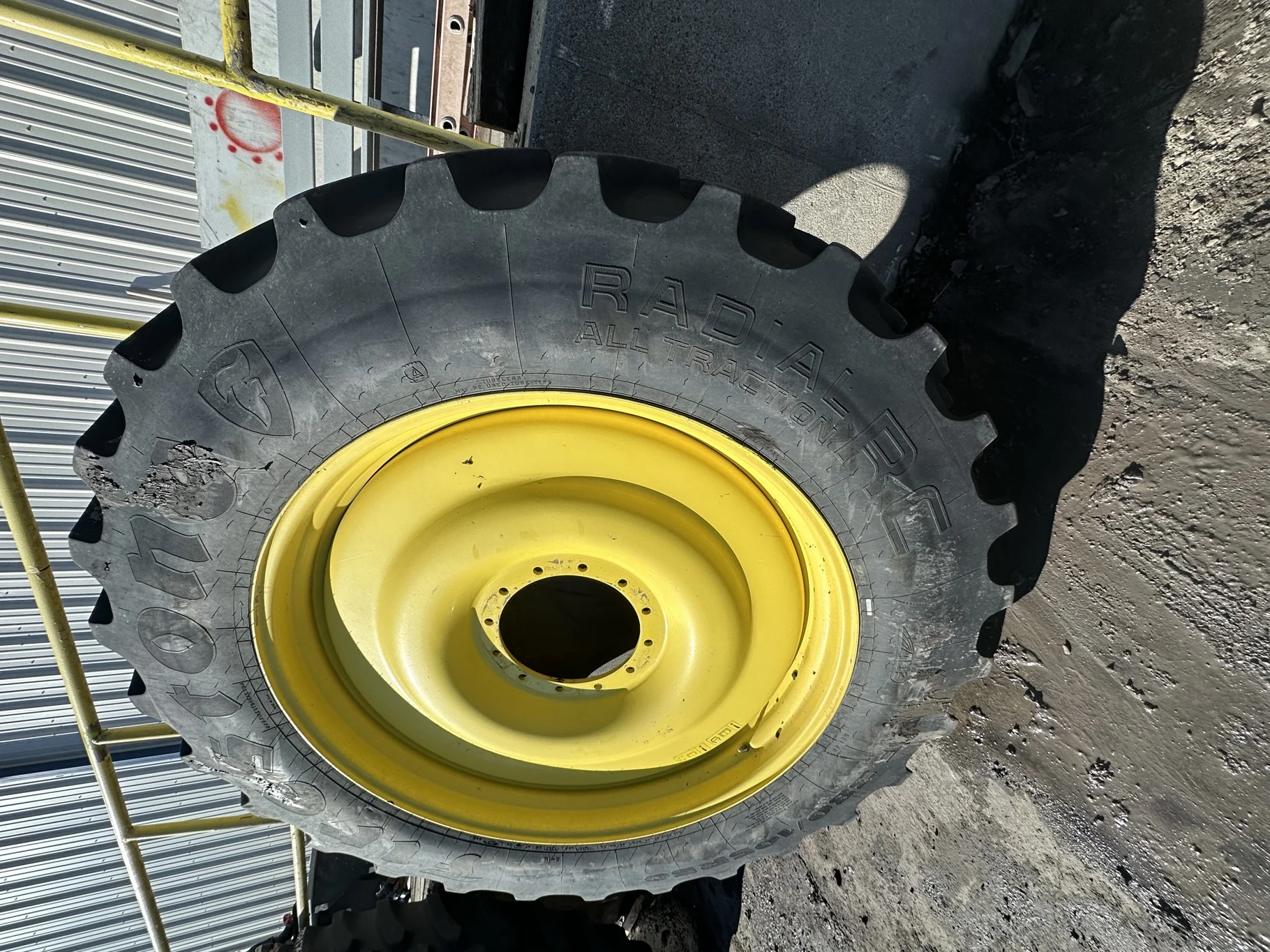 Used 95% VF380/105R50 Firestone Radial All Traction RC R-1W 179D TL on 13 x 50 John Deere Yellow 12