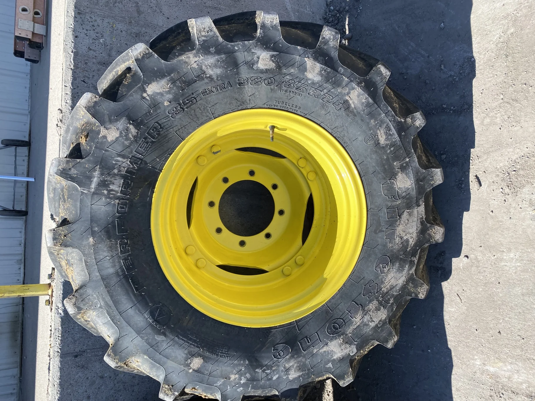 Used 85% 380/85R24 Firestone Performer 85 Extra R-1W 131D on a 12 x 24 Waffle Wheel (2 Bolt) with
