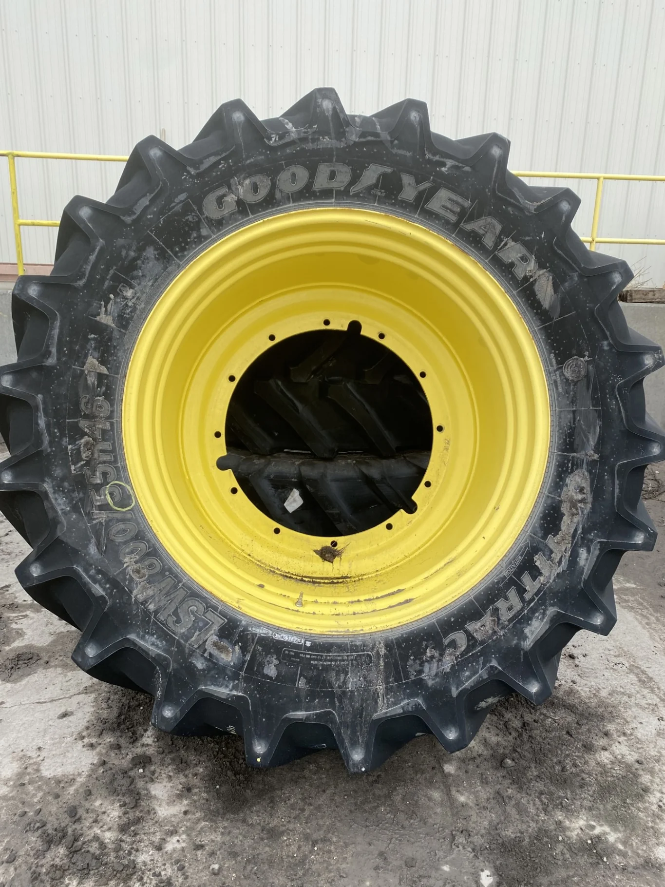 Used 95% LSW 800/55R46 Goodyear Optitorque R-1 (190D) mounted on 28 X 46 John Deere Yellow 12 Bolt