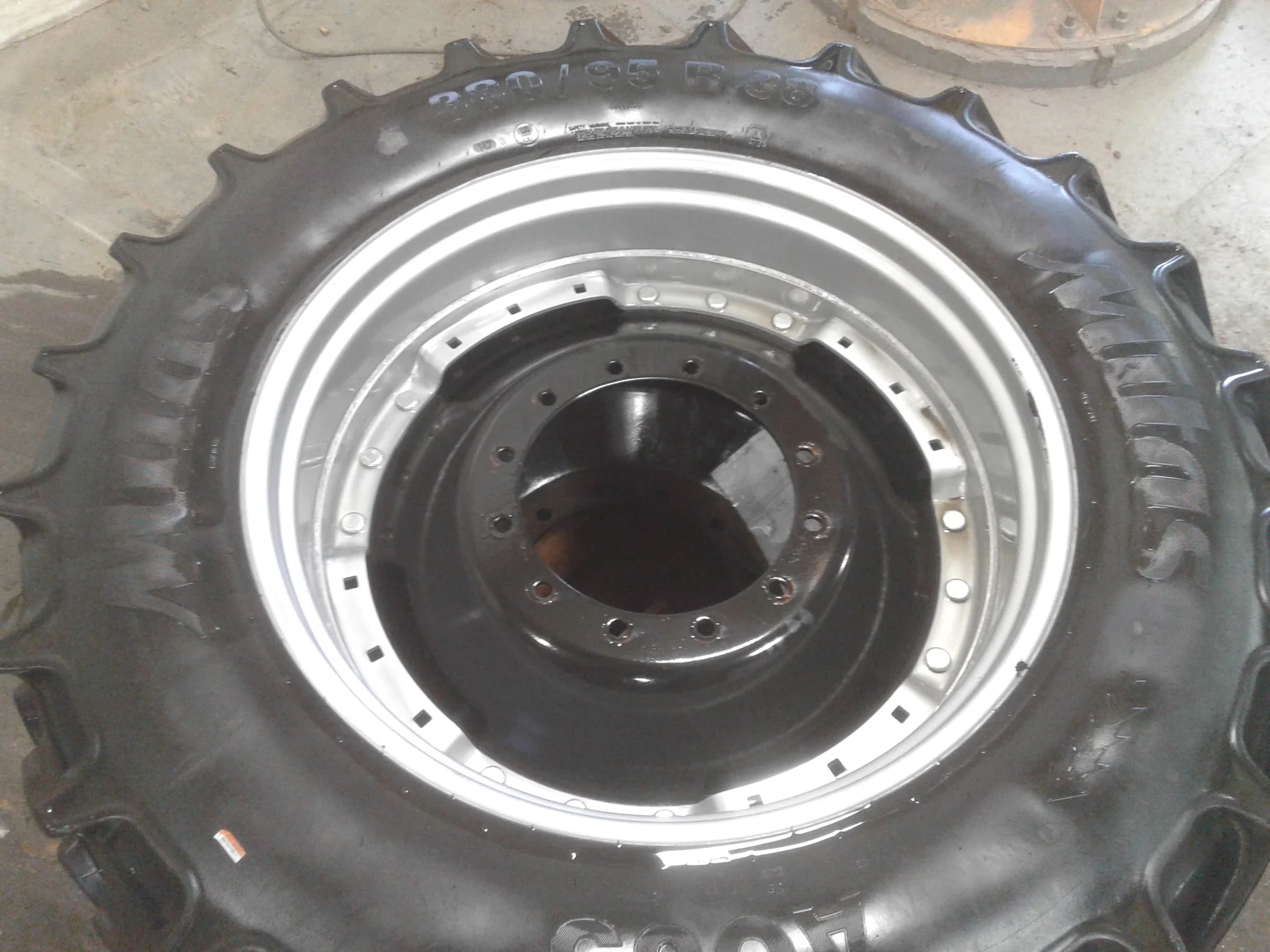 Used 90% 380/95R38 Mitas AC85 R-1W 147D on a 12 x 38 CIH Waffle Rim with 12 Bolt Center