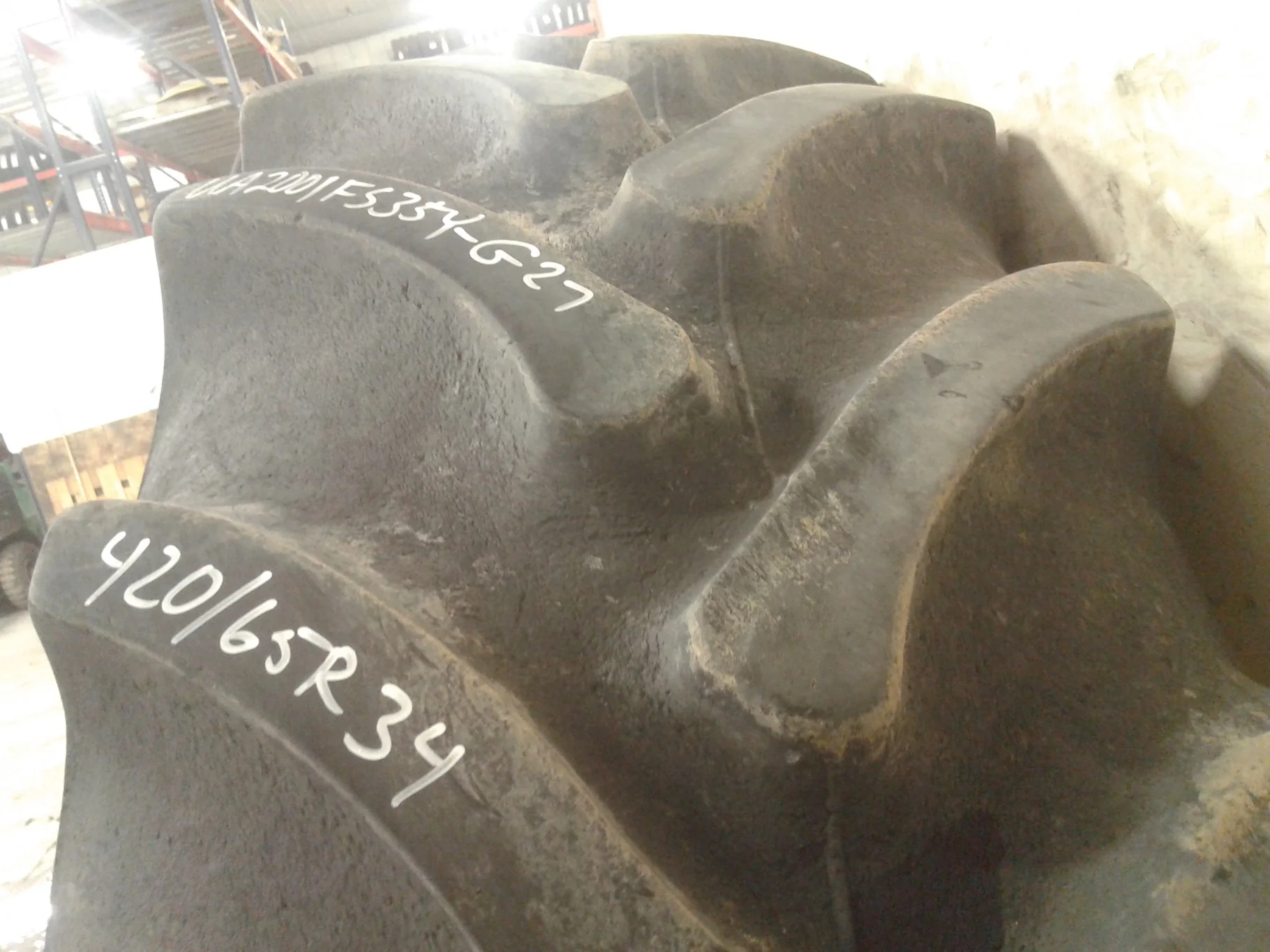 Used 35% 420/85R34 Firestone RAT DT R-1W (147B) on 15 x 34 JD Yellow waffle 3 bolt no disc image 6