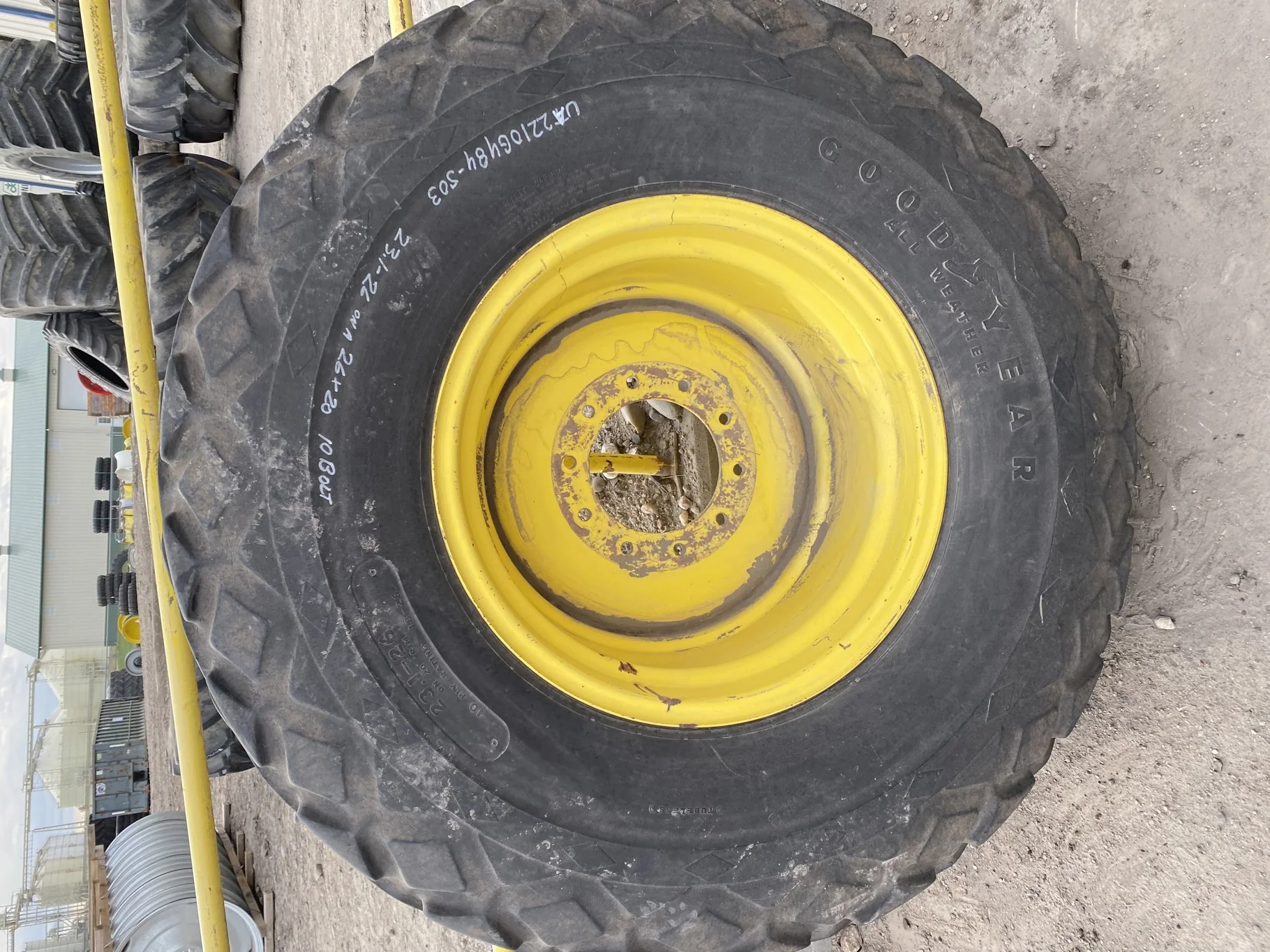 USED 45% 23.1-26 Goodyear All Weather 10 ply Mounted on 20 x 26 John Deere Yellow 10 Bolt Rim (10-1 image 9