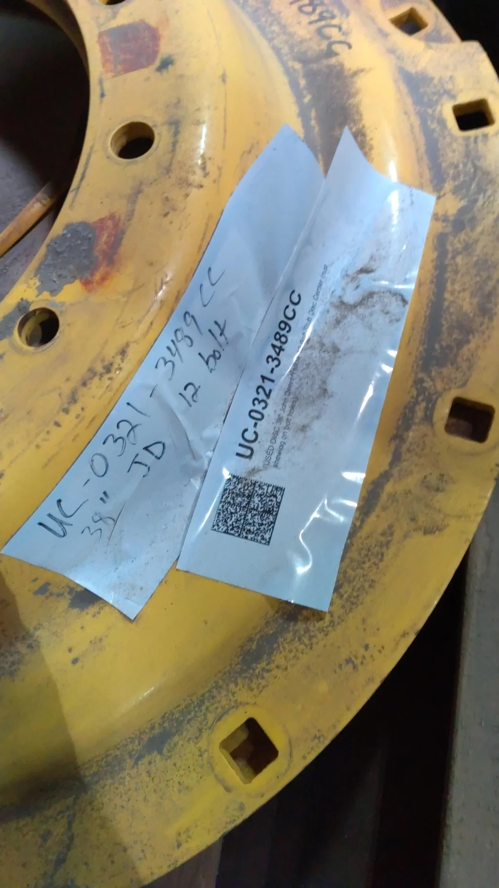 USED DISC 38" John Deere Yellow 12 Bolt Stub Disc Center (rust showing on bolt holes)