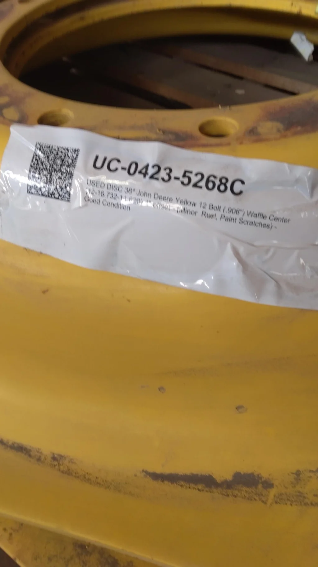 USED DISC 38" John Deere Yellow 12 Bolt (.906") Waffle Center (12-16.732-14.620) 4" offset - (Minor image 3