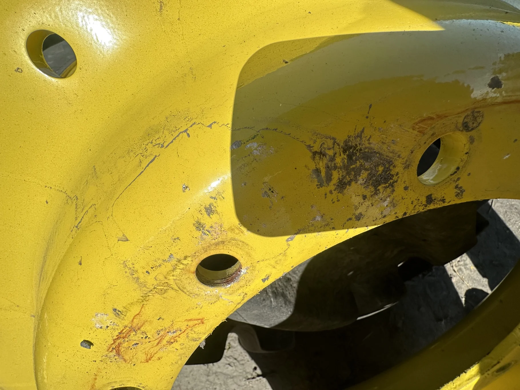 USED DISC 38" John Deere Yellow  3 Bolt Waffle with 12 Bolt Centers (12-16.625-14.625) - (rust spots image 3