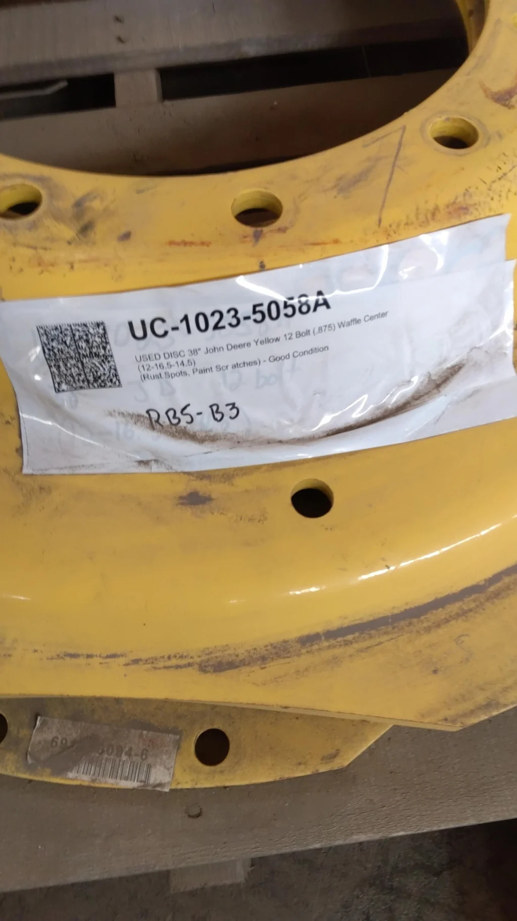 USED DISC 38" John Deere Yellow 12 Bolt (.875) Waffle Center (12-16.5-14.5)  
(Rust Spots, Paint Scr image 2