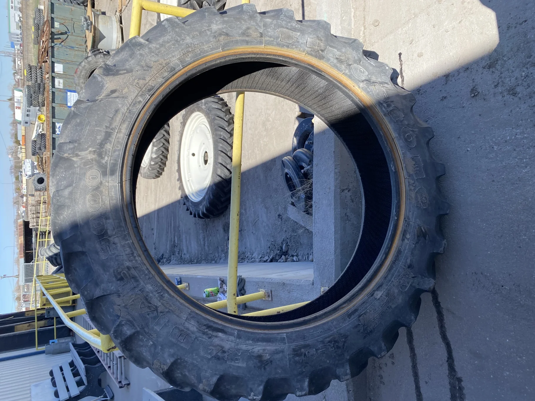 Used 50% 320/85R38 Firestone Radial All Traction DT R-1W 143A8 TL (Lug Cuts, Weathering, roadwear,