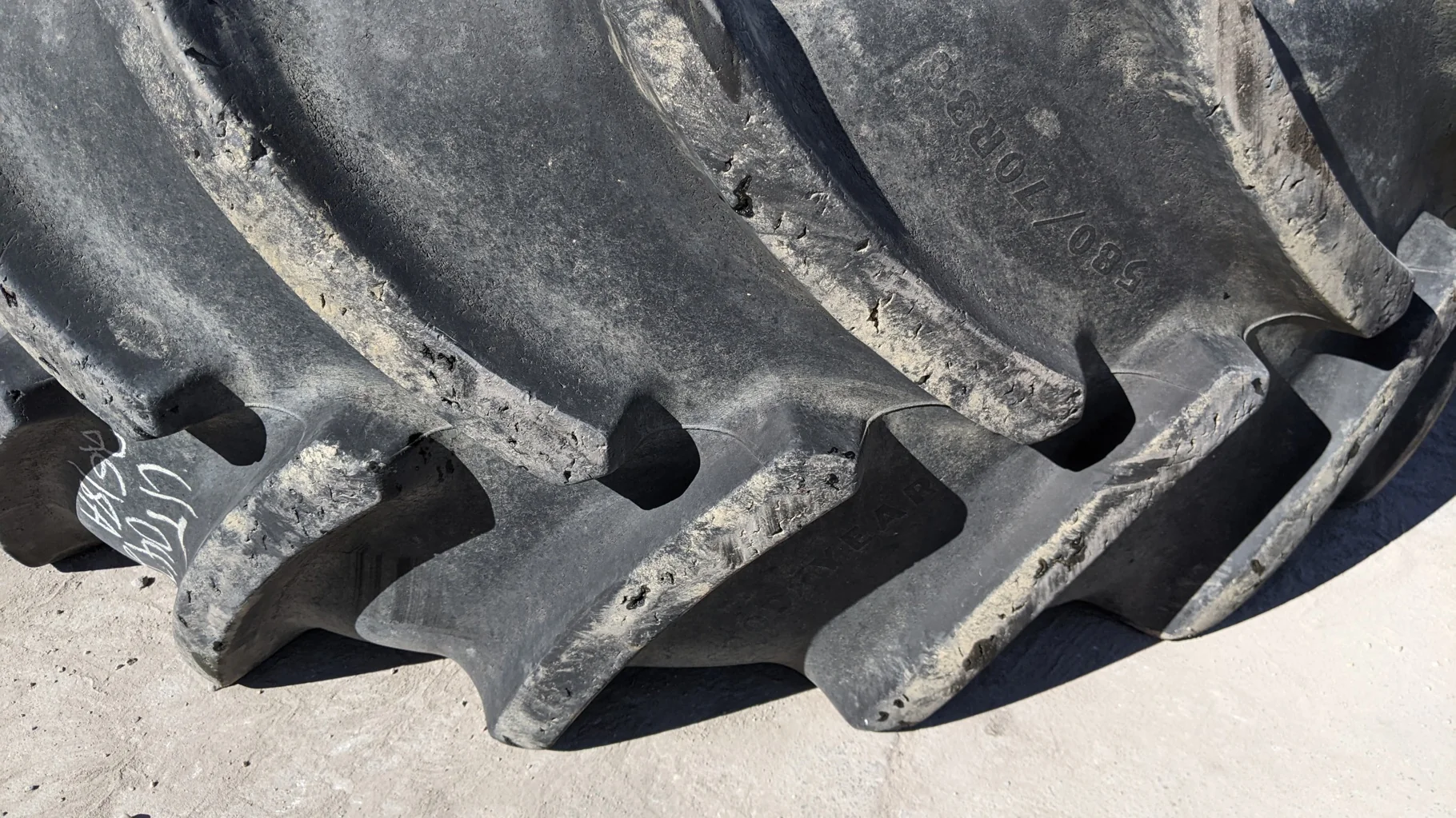 Used 85% 580/70R38 Goodyear Optitrac R-1W (155A8/152B) TL (Weathering cracks. Chunks missing from lu image 4
