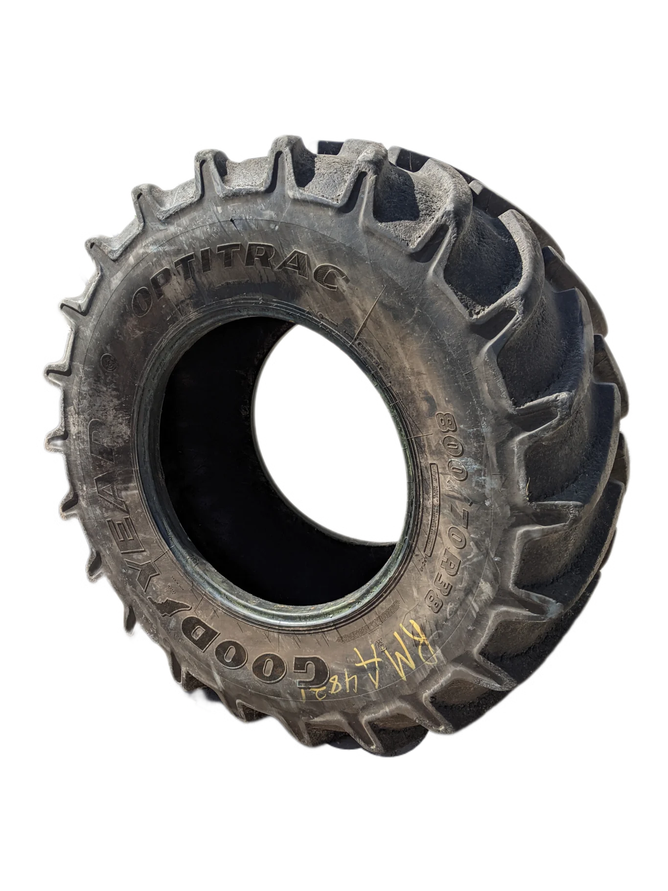 Used 80% 800/70R38 Goodyear Optitrac (173D) R-1W TL (Large Amount of Stubble and Weathering between