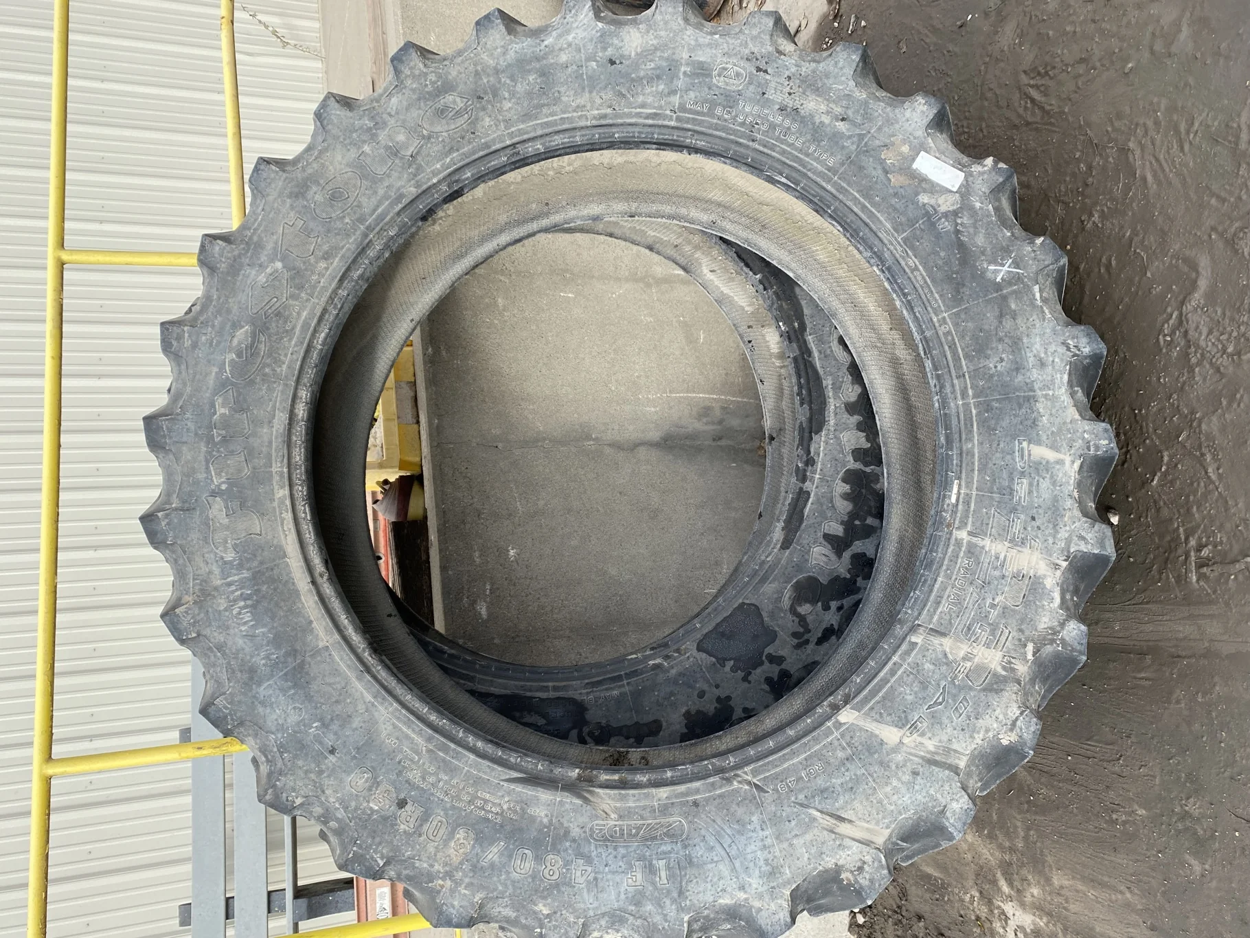Used 55% IF480/80R50 Firestone Radial Deep Tread 23 R-1W (159B) TL  (Lug Cuts, Road Wear, Un