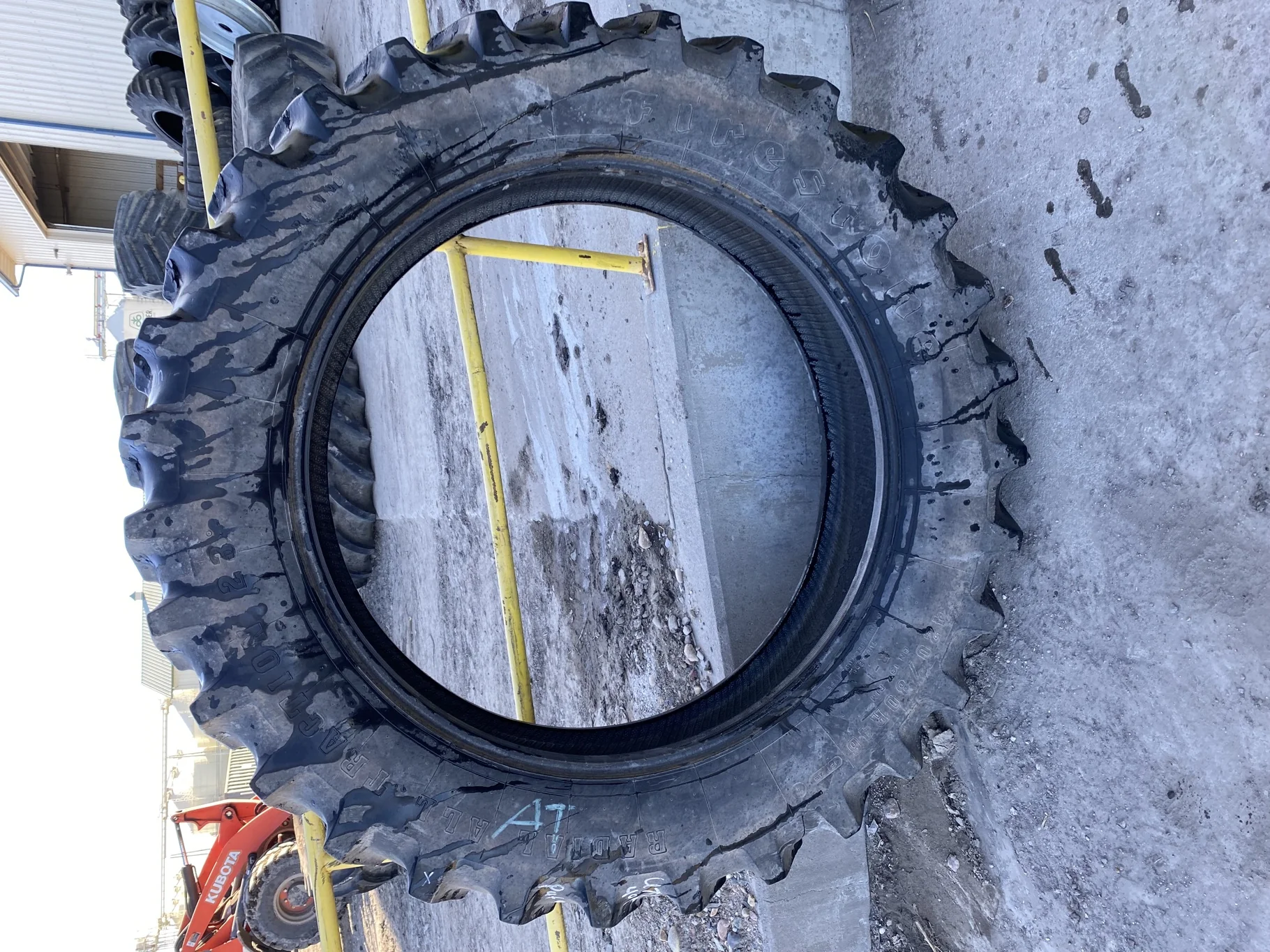 Used 80% 420/80R46 Firestone Radial All Traction 23 R-1 151B TL - heavy lug cuts/chunks, uneven tra