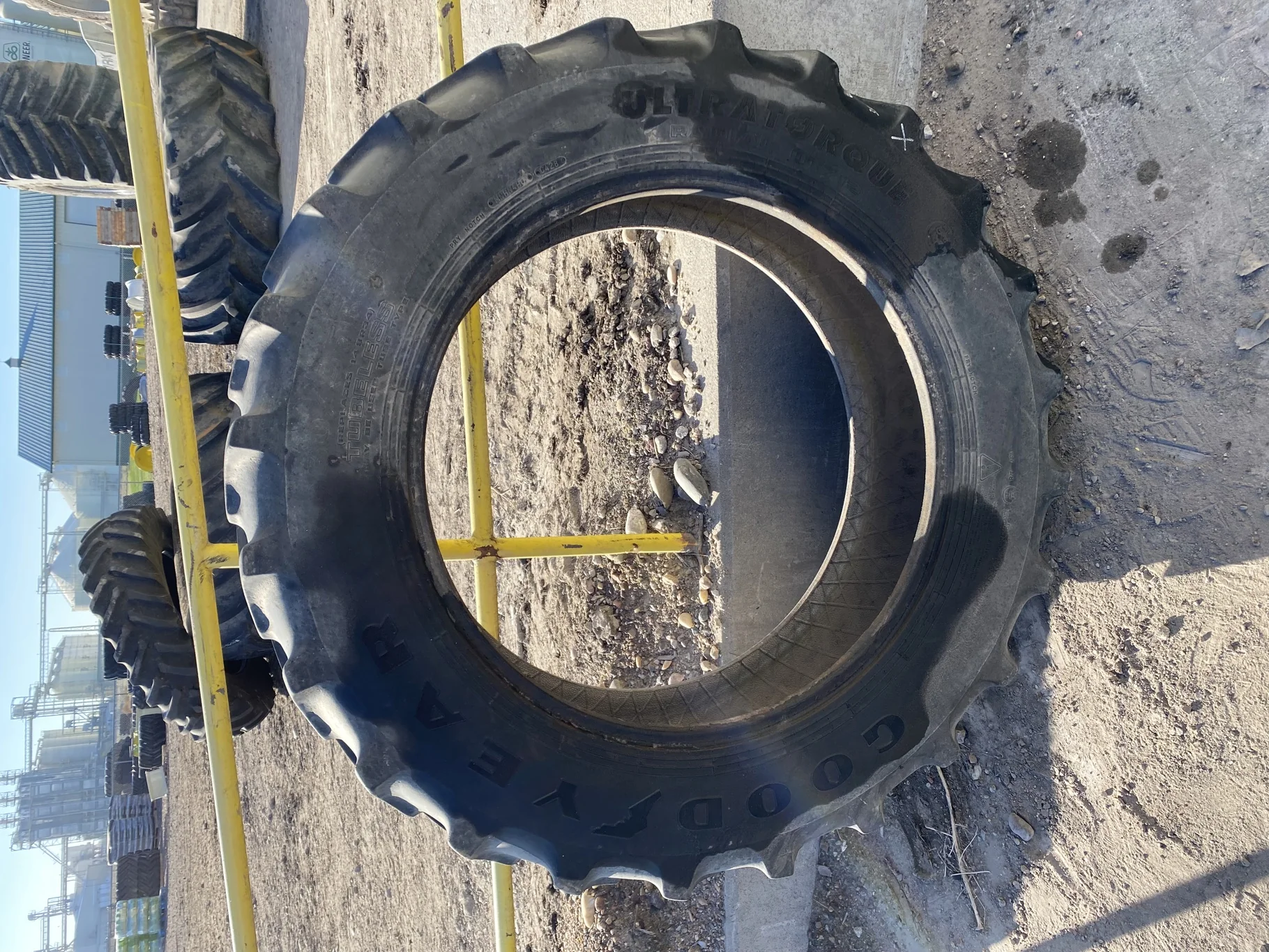 Used 40% 380/85R34 Goodyear Ultra Torque Radial DT712 137A8 TL - lug cuts, stubble, weathering, road