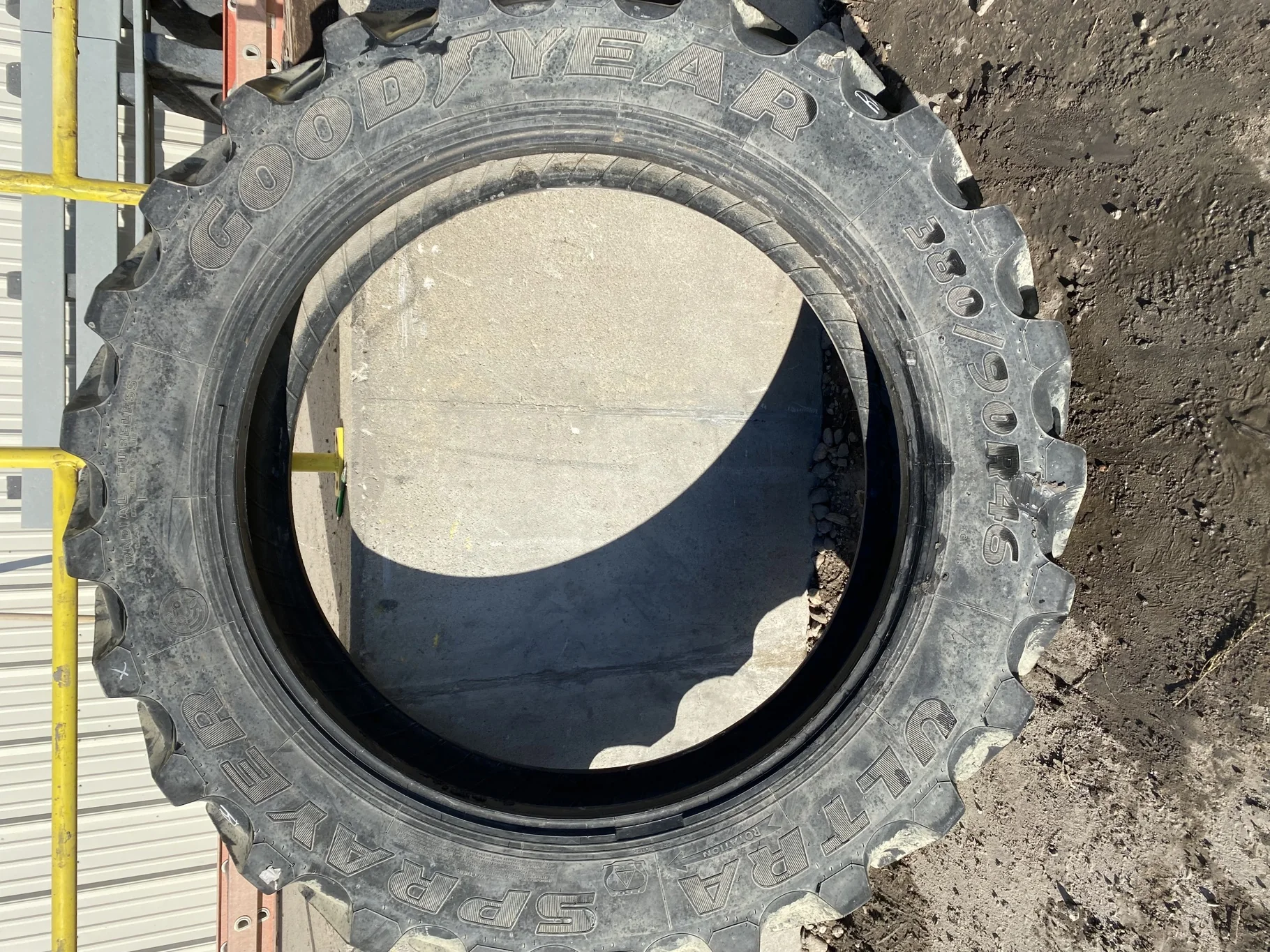 Used 95% 380/90R46 Goodyear Ultra Sprayer 168A8/B R-1 TL - lug cuts, between tread cuts, bead damage