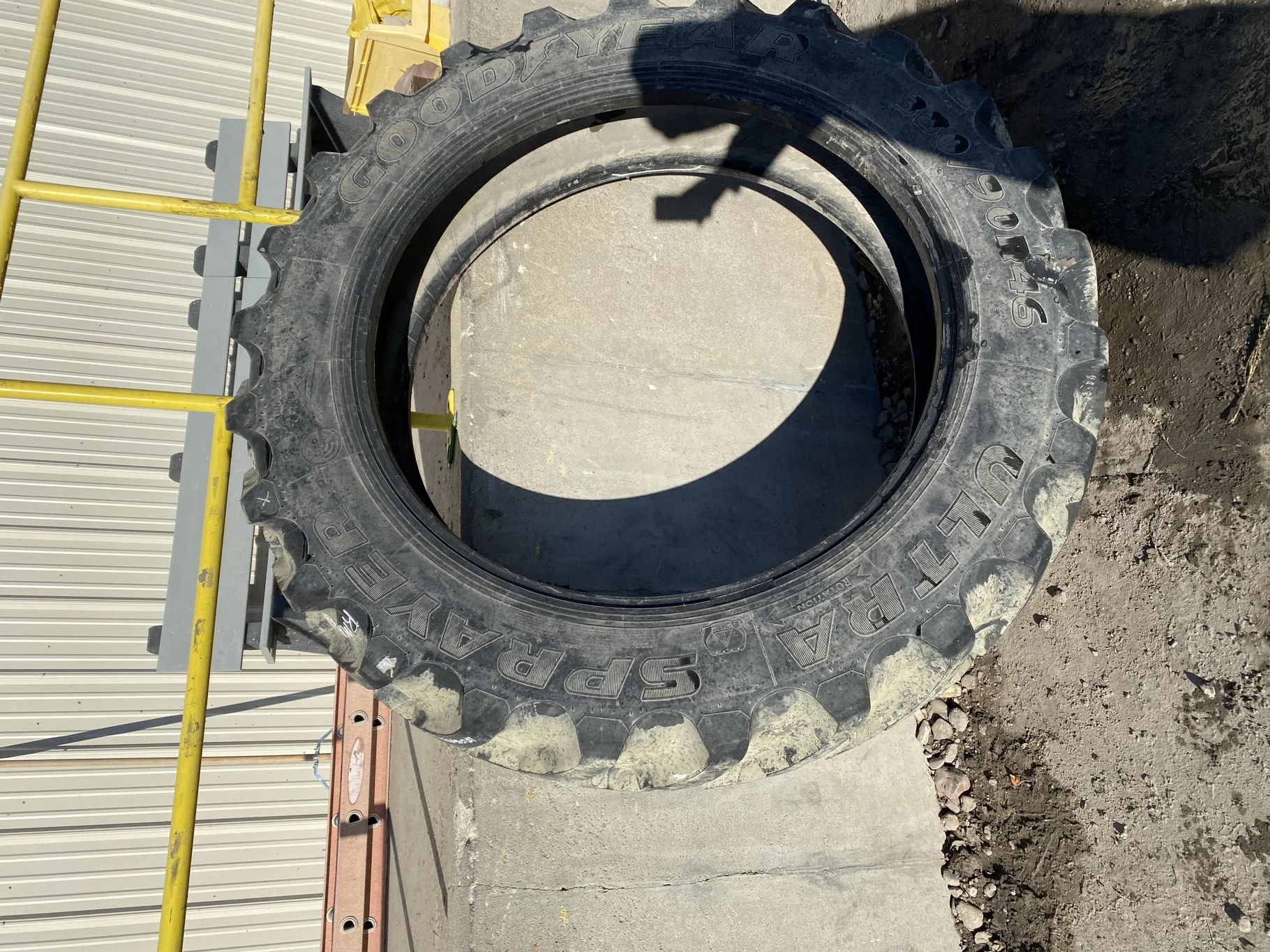 Used 95% 380/90R46 Goodyear Ultra Sprayer 168A8/B R-1 TL - lug cuts, between tread cuts, bead damage image 2