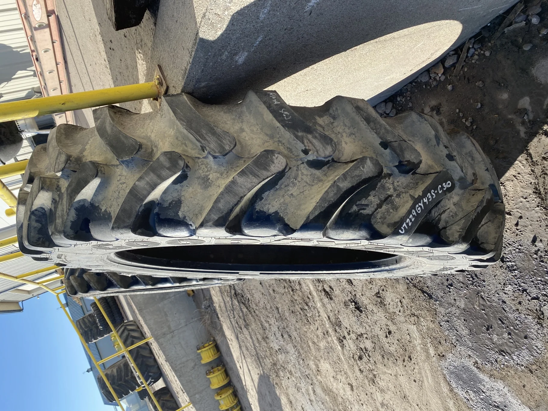 Used 95% 380/90R46 Goodyear Ultra Sprayer 168A8/B R-1 TL - lug cuts, between tread cuts, bead damage image 3