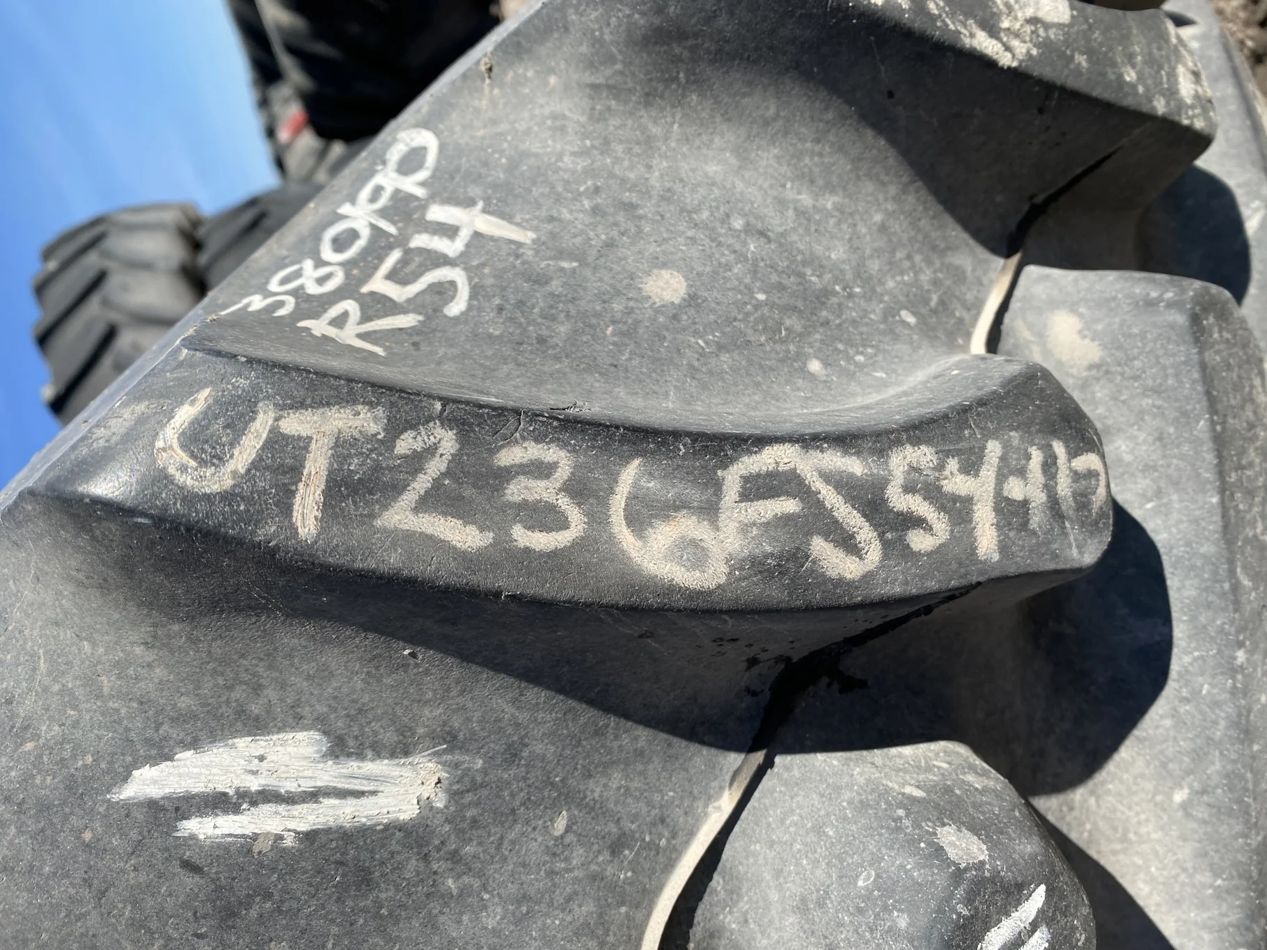 Used 90% 380/90R54 Firestone Radial 9000 R-1W (152B) TL (Lug Cuts, Side wall cuts, Chunks Of Lugs Mi image 9