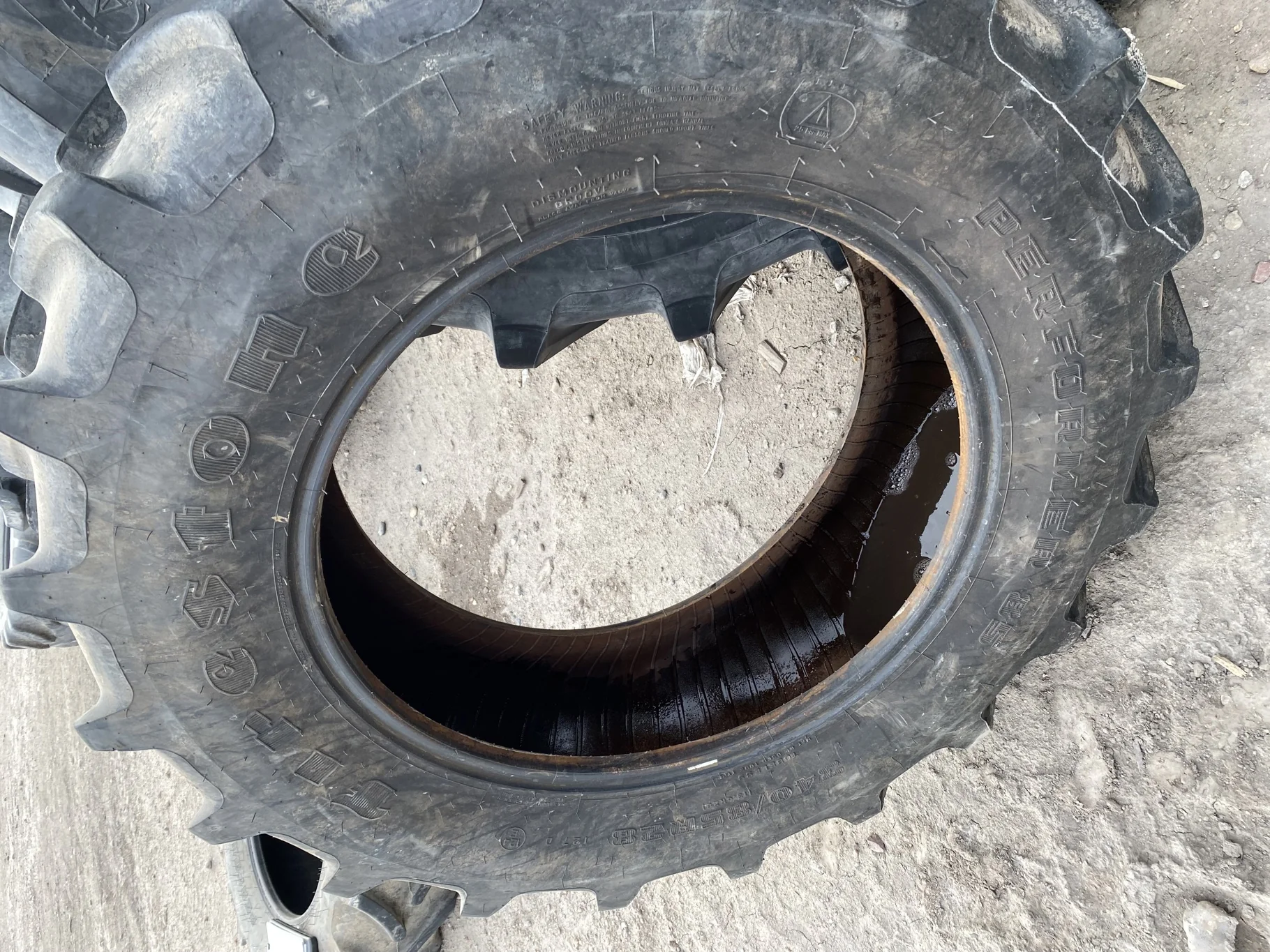 Used 90% 340/85R28 Firestone Performer 85 127D TL (lug cuts, chunks, stubble, weathering, between tr image 2