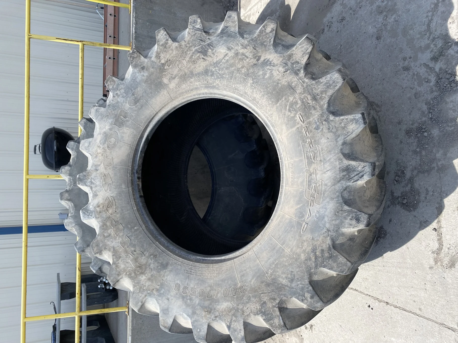 Used 80% 800/70R38 Firestone Deep Tread 23 Weathering, Lug cuts/chunks, Road wear