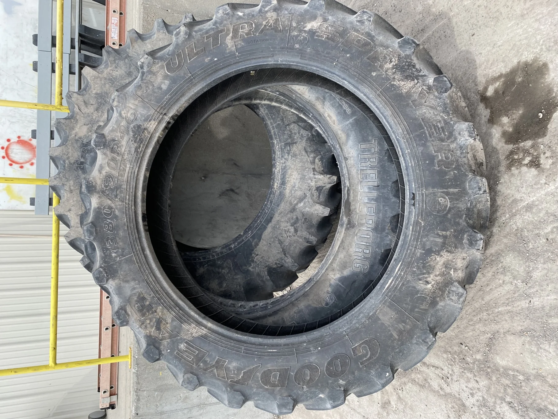 Used 70% 380/90R46 Goodyear Ultra Sprayer 168A8 R-1 TL (Stubble, lug cuts/ chunks, sidewall cuts)