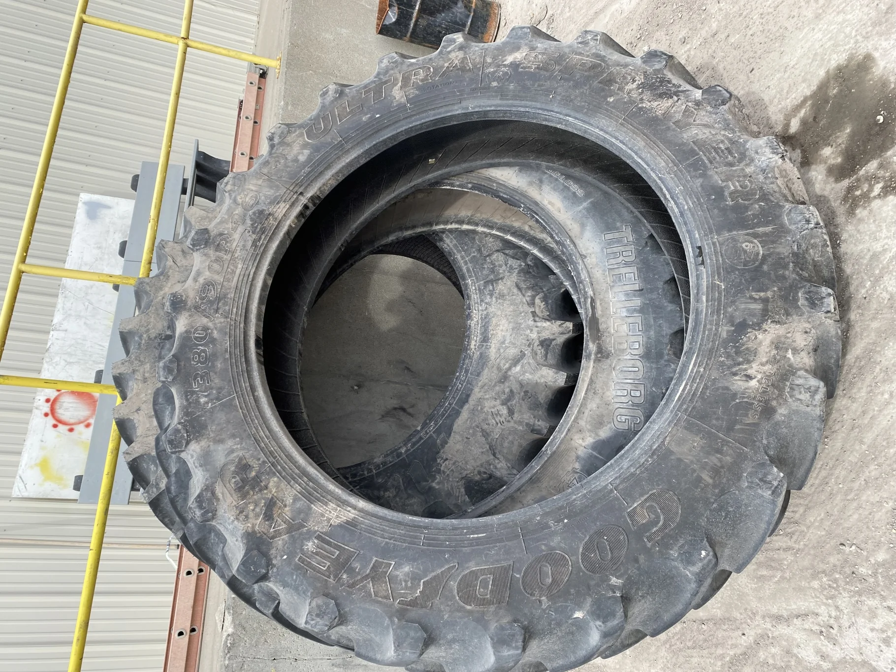Used 70% 380/90R46 Goodyear Ultra Sprayer 168A8 R-1 TL (Stubble, lug cuts/ chunks, sidewall cuts) image 2