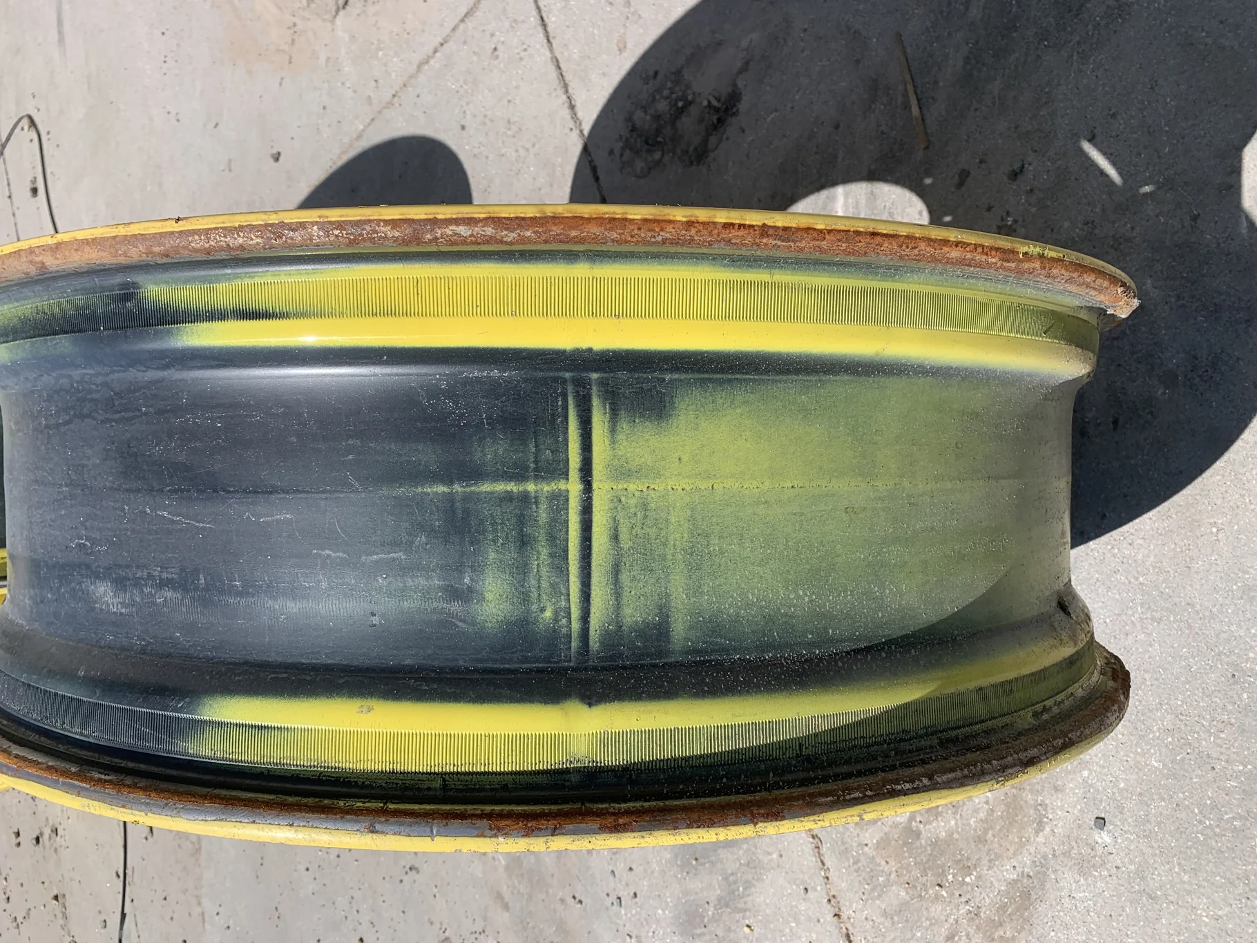 Used 12 X 42 JD Yellow 10 Bolt Center 3 Bolt Waffle Wheel (Rust Around Mounting Holes, Small Scratch image 2
