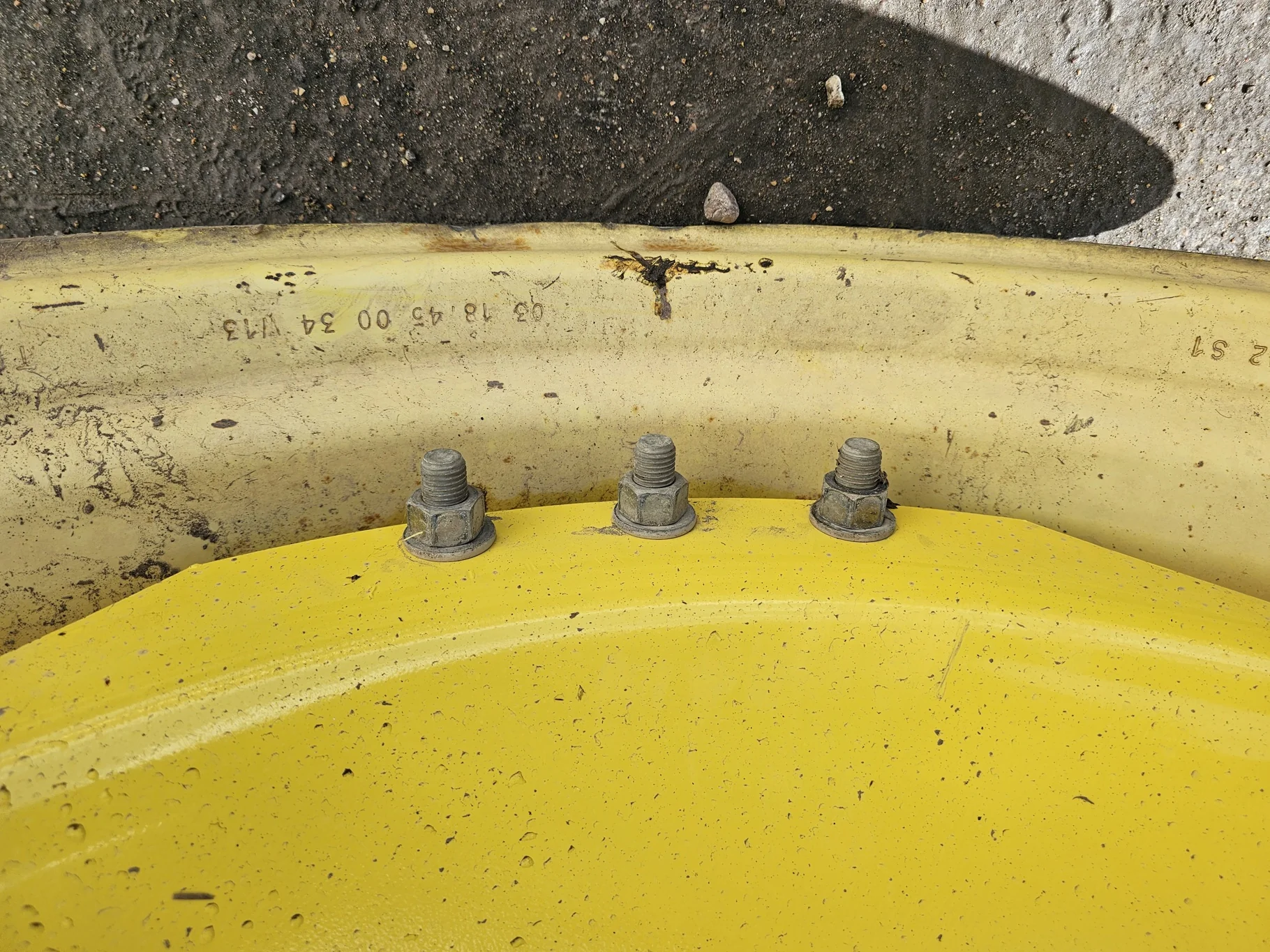 Used 13 X 34 John Deere Yellow Waffle Wheel (3 Bolt) (16-29.25) 8.25" BS with a 34" John Deere Yello image 4