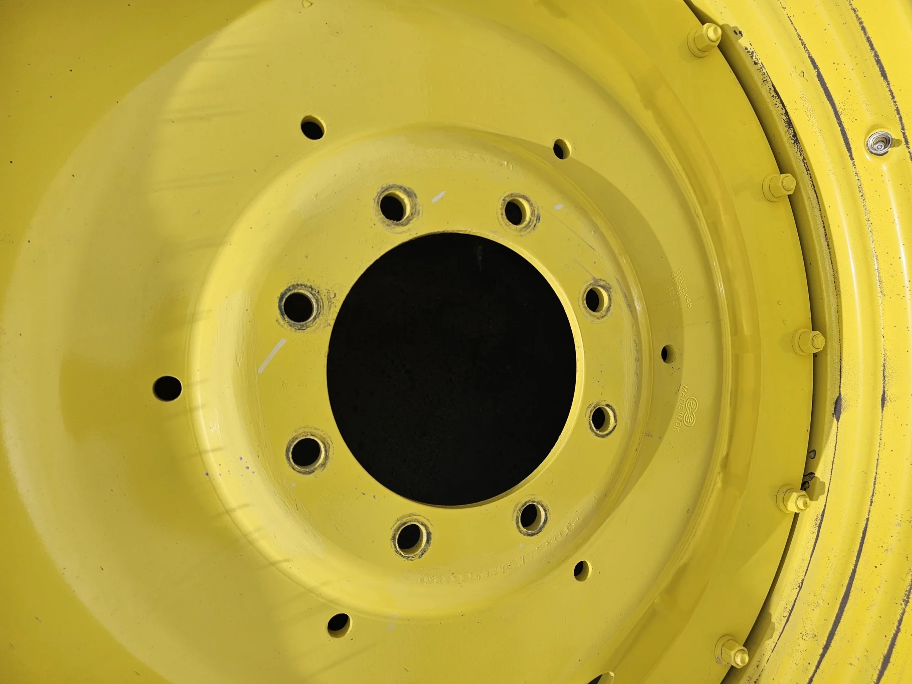 Used 10 X 46 John Deere Yellow 12 Bolt (.937) Stub Disc Wheel (12-32.047-30.09) - 3.875" with a 38"