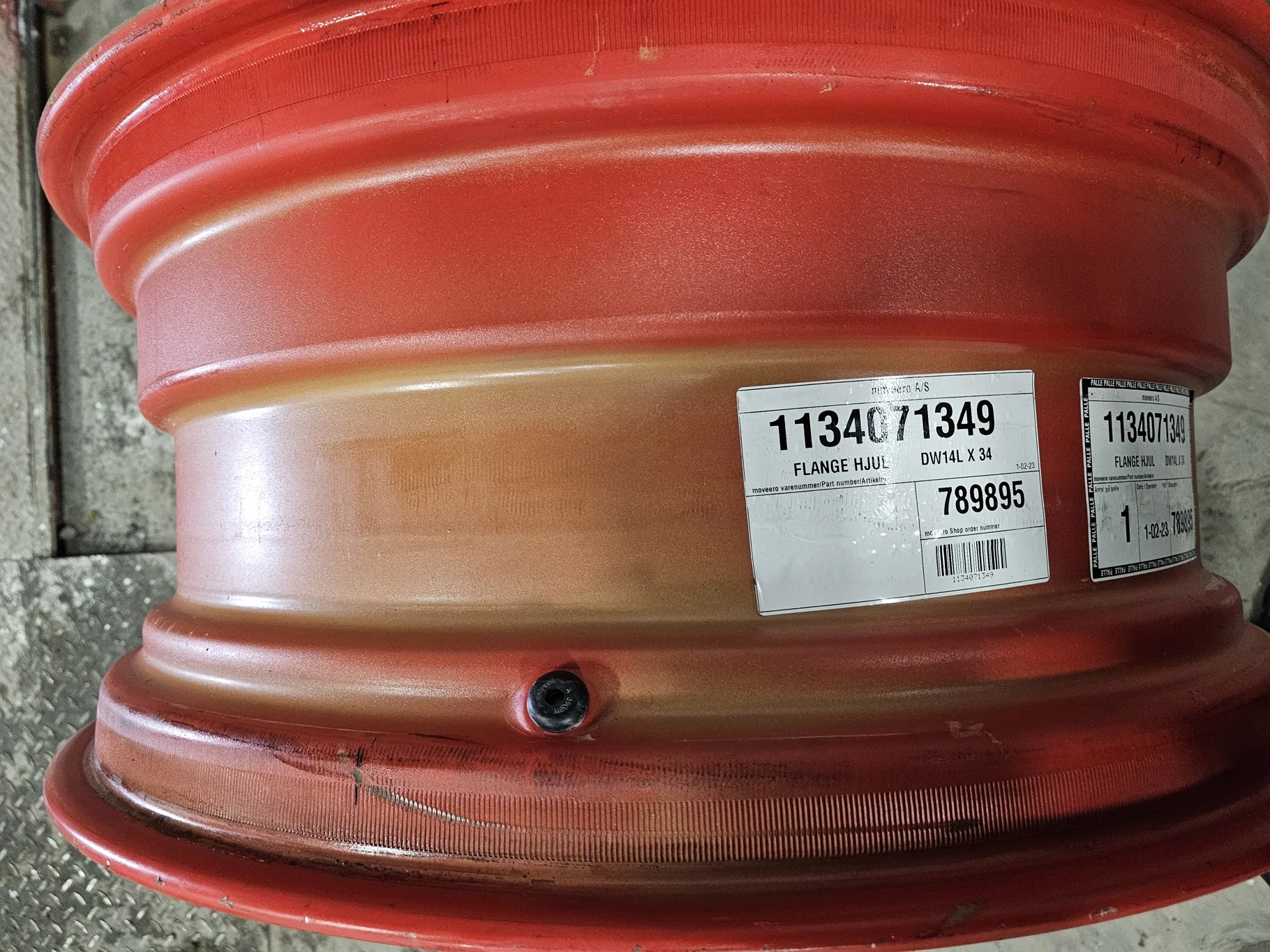 Used 14 X 34 Fendt Red 12 Bolt Waffle Wheel Assembly (12-16.625-14.625) - Good Condition  
(Scratche image 2