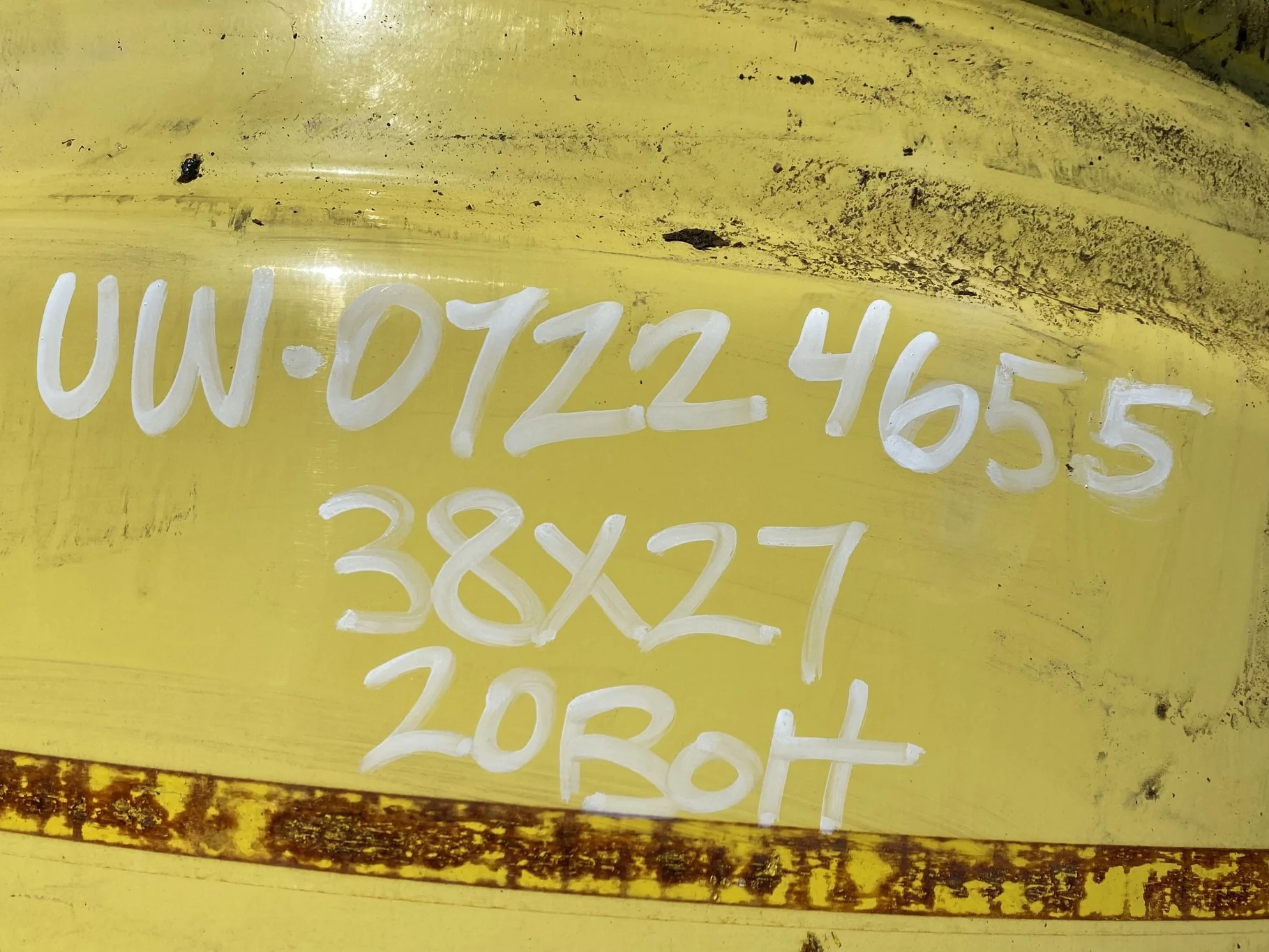 Used 27 X 38 John Deere Yellow 20 Bolt (.906) Combine Wheel (20-13.187-11.08) (light scratches and r image 3