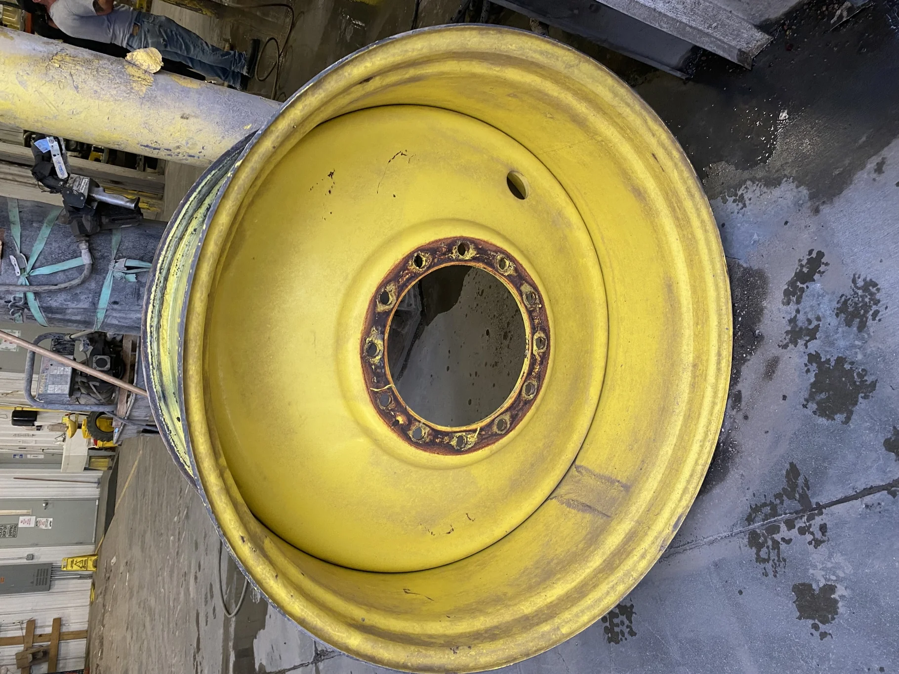 Used 18 X 38 John Deere Yellow 12 Bolt (.905) Sprayer Wheel (12-13.976-11.857) 3.17" OUT Faded Paint
