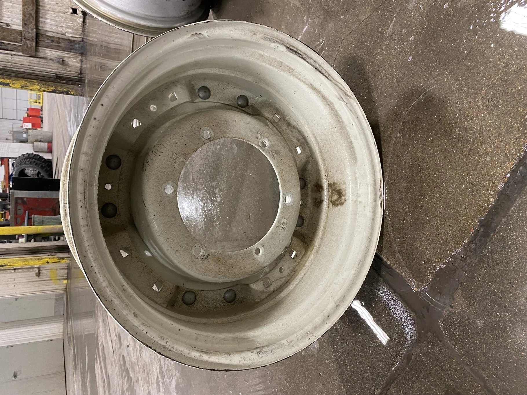 Used 10 X 24 NH White Waffle Wheel (2Bolt) - Good Condition _x000D_
(Scratches, Rust, Bent Flange) image 4