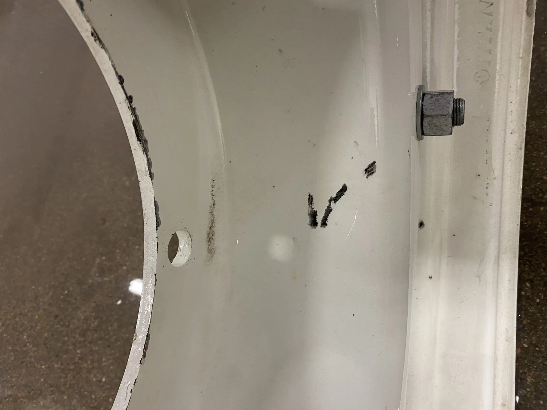 Used 10 X 24 NH White Waffle Wheel (2Bolt) - Good Condition _x000D_
(Scratches, Rust, Bent Flange) image 6