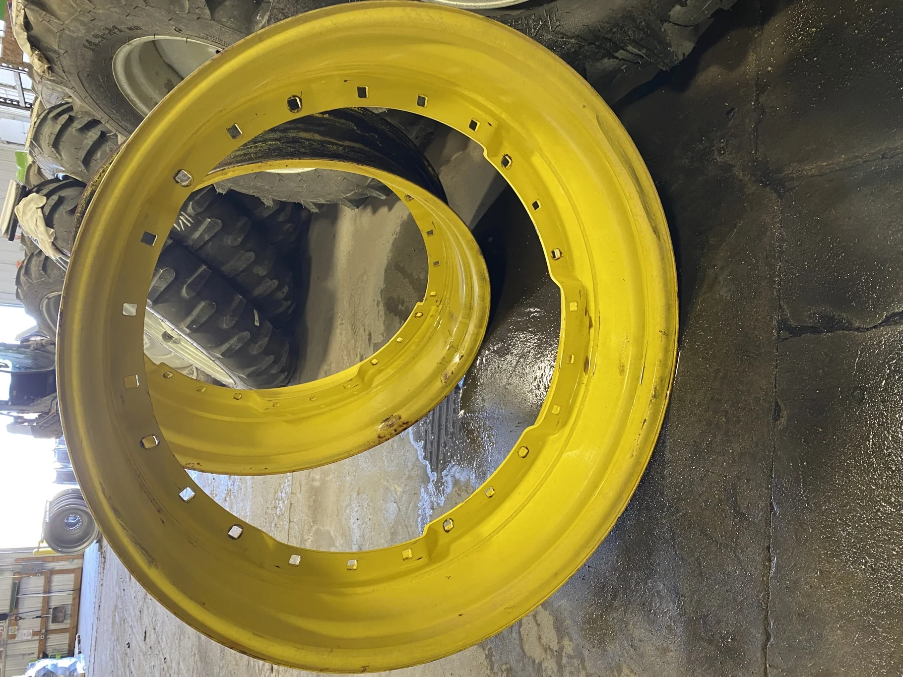 Used 12 X 38 John Deere Yellow Waffle Wheel (3 Bolt) (12-33.25) 7.75 BS - Fair Condition (Rust,gashe