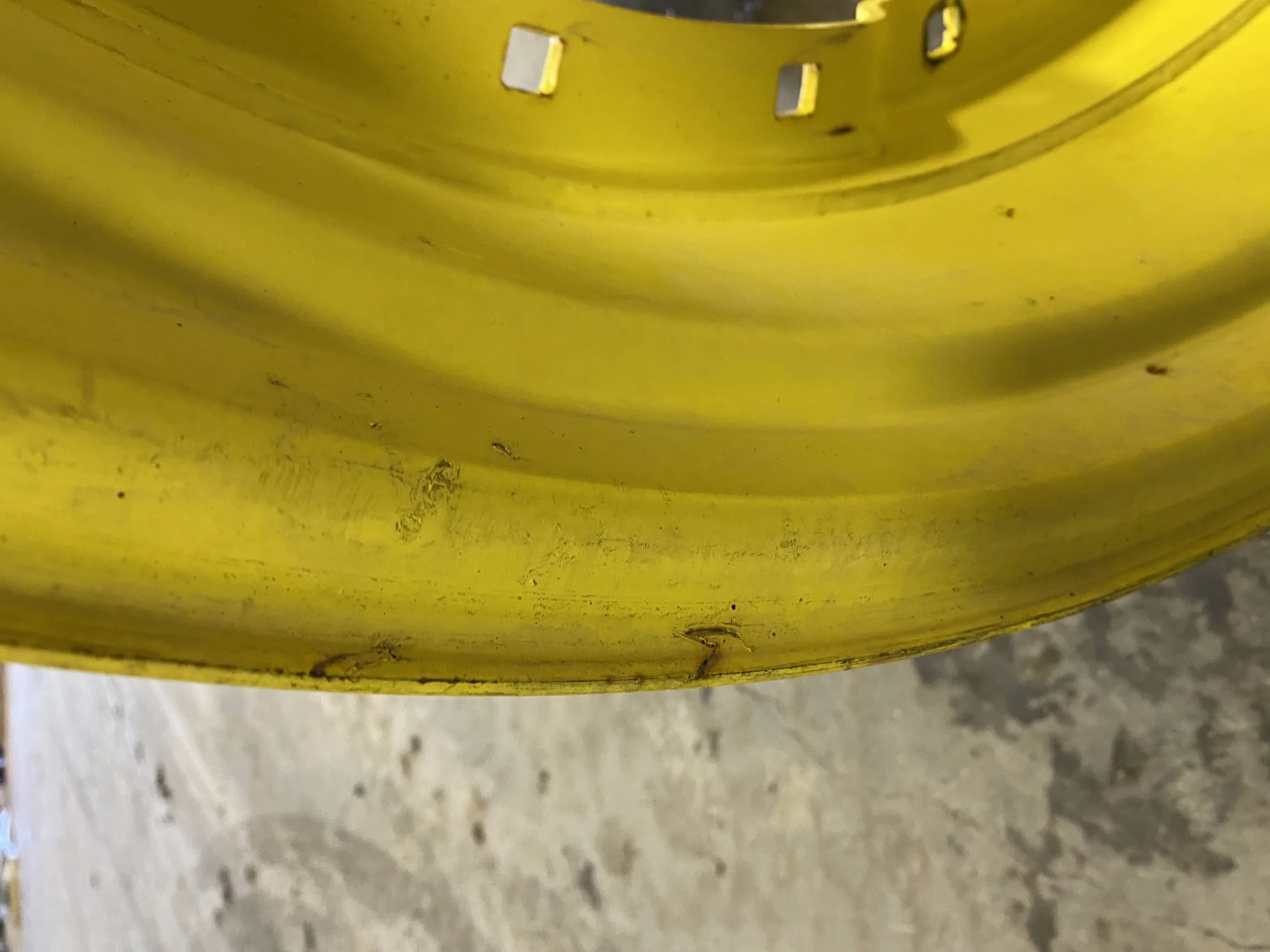 Used 12 X 38 John Deere Yellow Waffle Wheel (3 Bolt) (12-33.25) 7.75 BS - Fair Condition (Rust,gashe image 2
