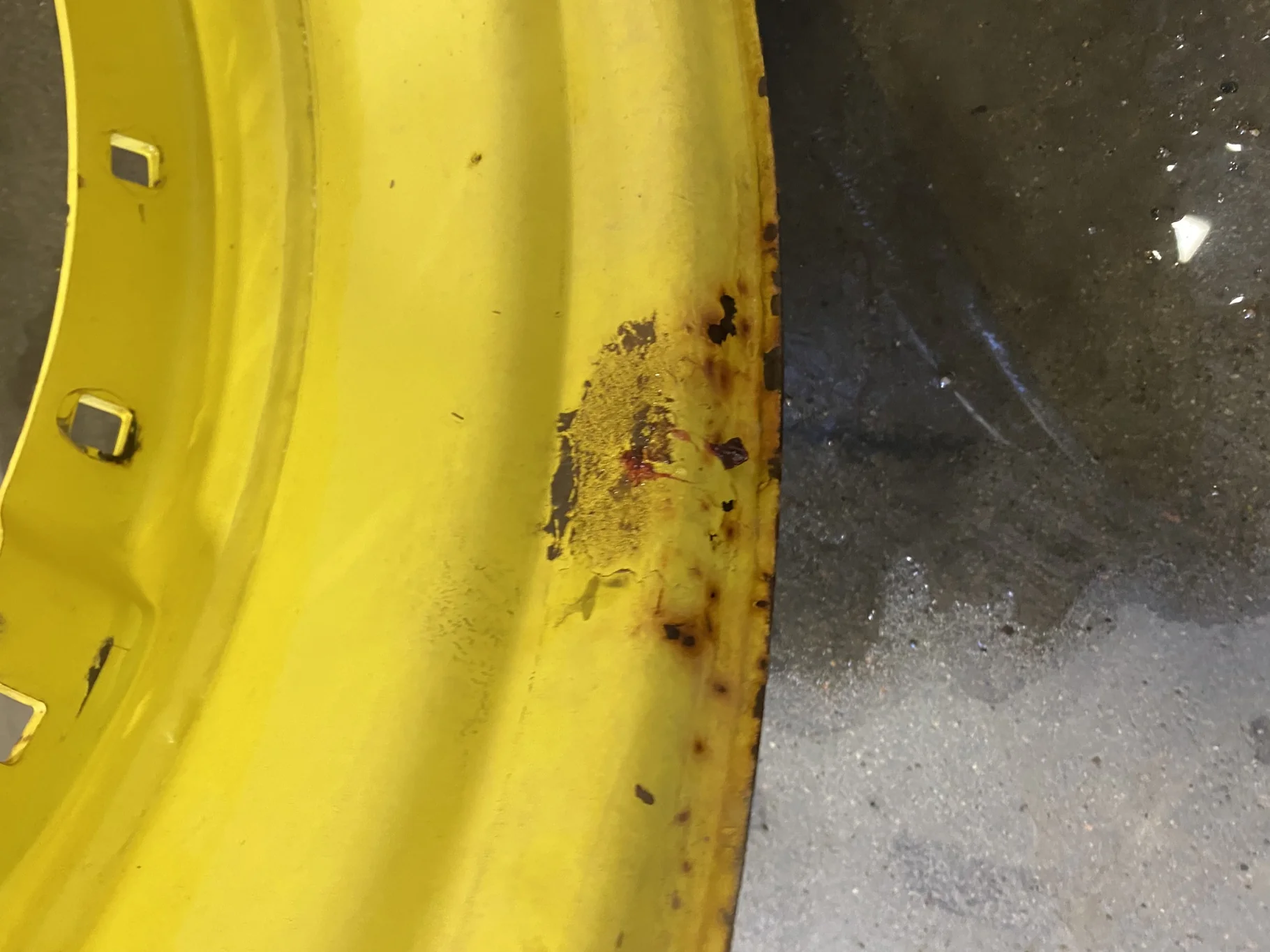 Used 12 X 38 John Deere Yellow Waffle Wheel (3 Bolt) (12-33.25) 7.75 BS - Fair Condition (Rust,gashe image 3