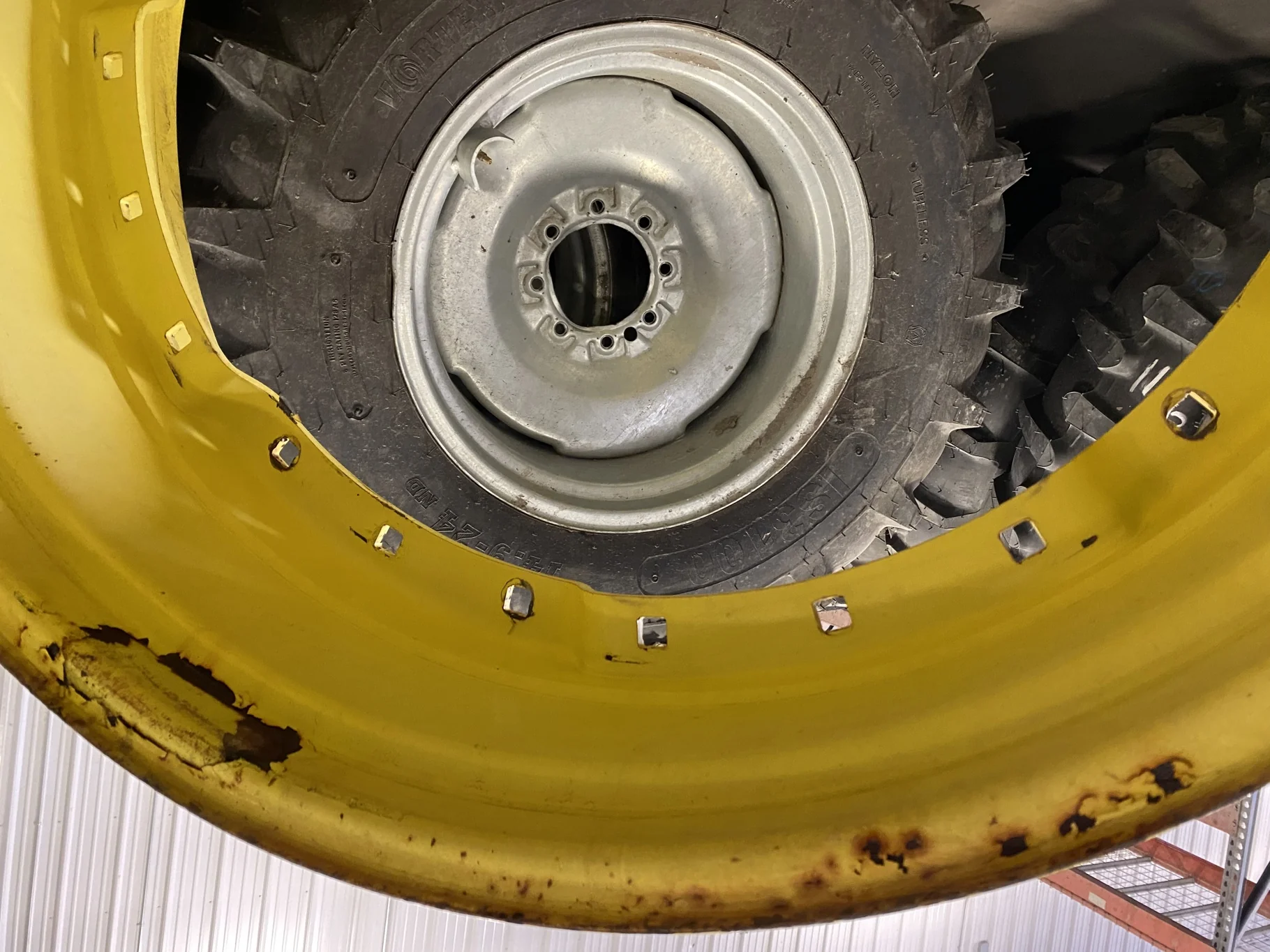 Used 12 X 38 John Deere Yellow Waffle Wheel (3 Bolt) (12-33.25) 7.75 BS - Fair Condition (Rust,gashe image 4