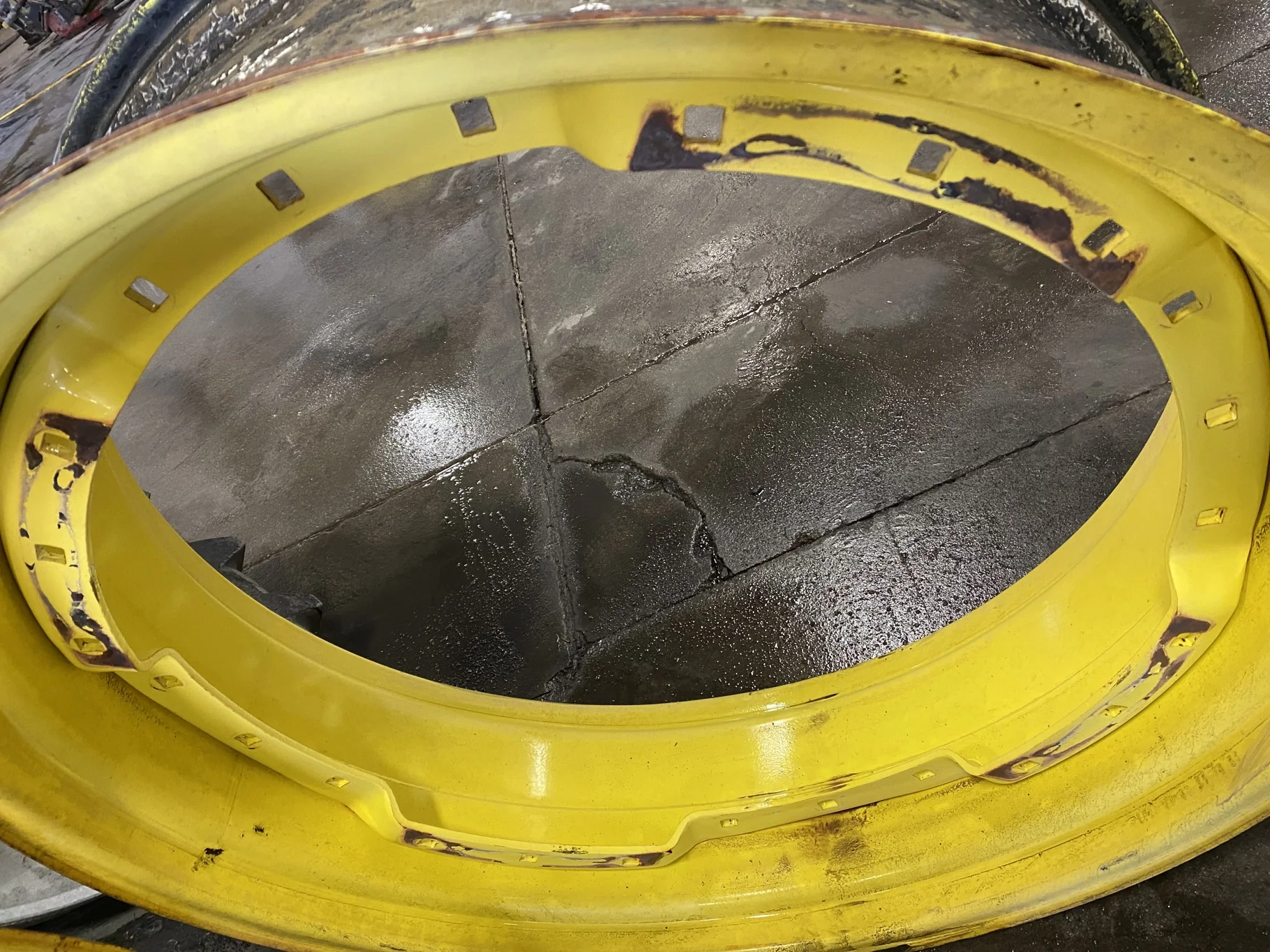 Used 12 X 38 John Deere Yellow Waffle Wheel (3 Bolt) (12-33.25) 7.75 BS - Fair Condition (Rust,gashe image 6