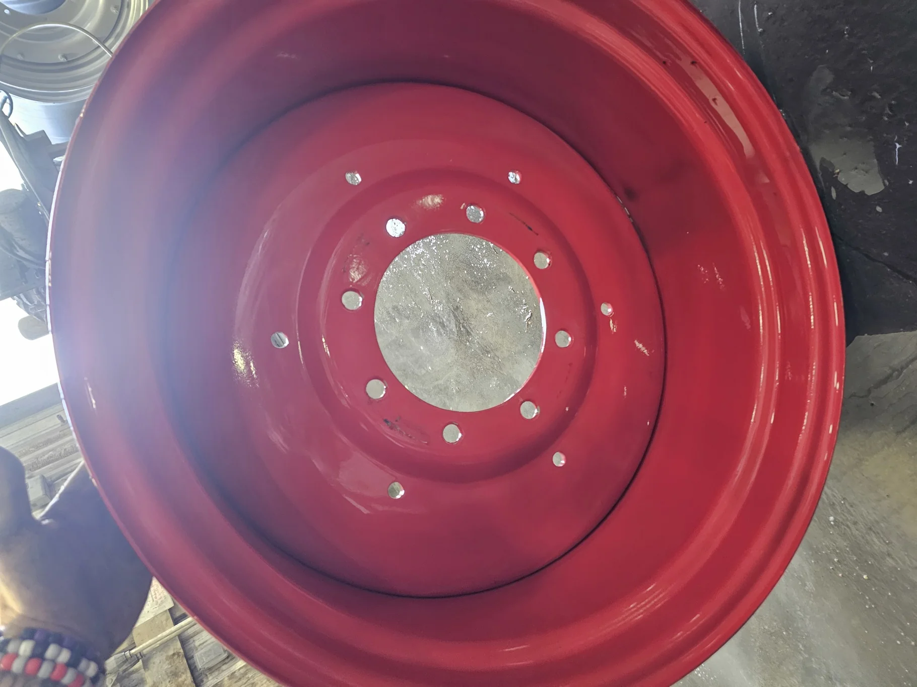 Used 15 X 28 8 Bolt (large 8) Fendt Red Formed Plate Wheel - There is not a Wheel Stamp on these  _x image 3