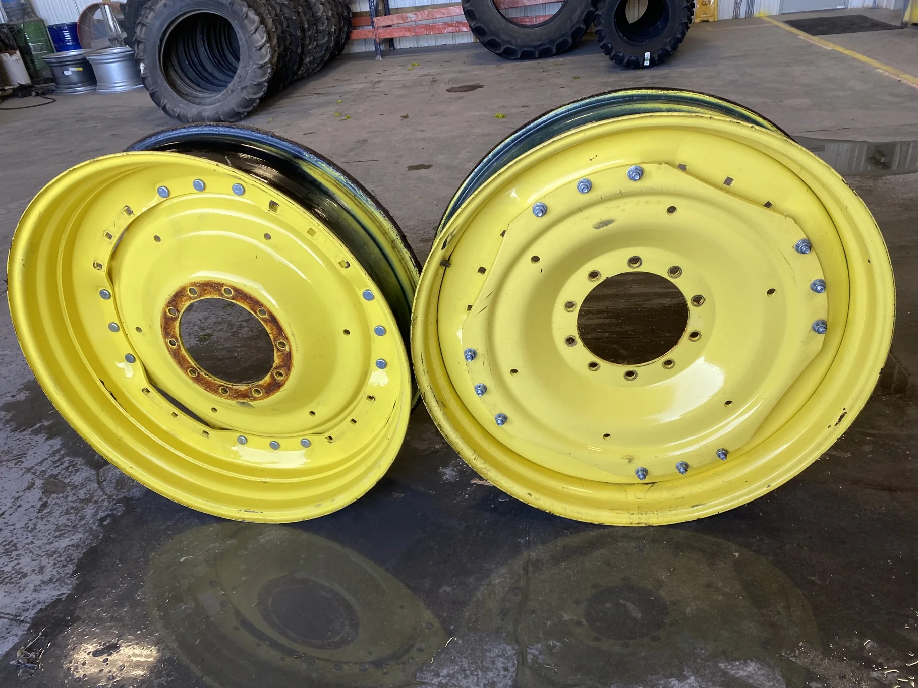 Used 10 X 42 John Deere Yellow Waffle Wheel (3 Bolt) (Faded Paint with Scratches) - Fair Condition image 4