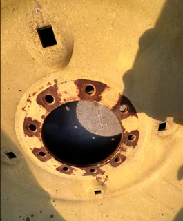 Used 16 x 38 John Deere Yellow 9 Bolt Formed Plate Wheel (9-9.25-7.625) - Fair Condition  (Scratches