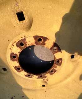 Used 16 x 38 John Deere Yellow 9 Bolt Formed Plate Wheel (9-9.25-7.625) - Fair Condition  (Scratches image 4