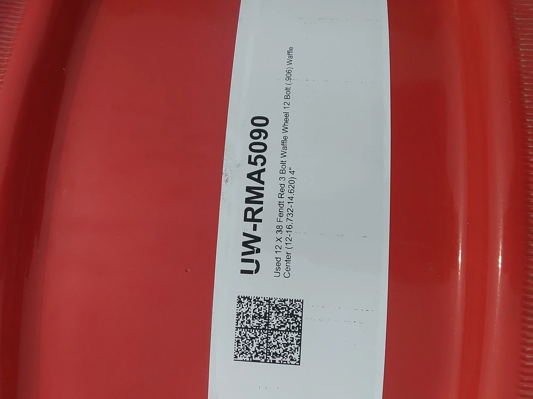 Used 12 X 38 Fendt Red 3 Bolt Waffle Wheel 12 Bolt (.906) Waffle Center (12-16.732-14.620) 4"